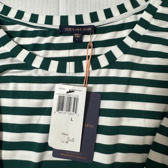 NWT SKIES ARE BLUE Top L Green White Stripe Sleeveless Tie Waist Soft Knit - Picture 6 of 7